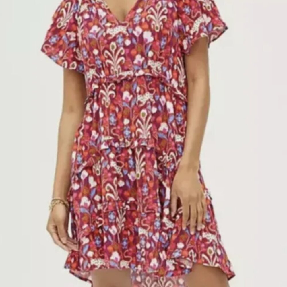 Anthropologie Robin Tiered V Neck Dress Red Print Sz S